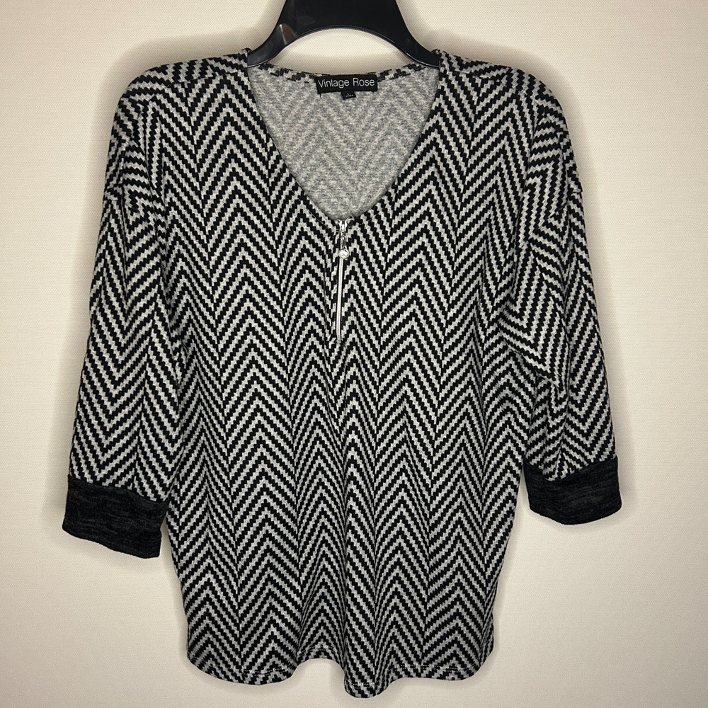 Vintage Rose Black Gray Chevron Zip 3/4 Sleeve Soft Sweater‎ Top Women Large